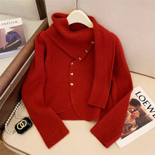 不规则高领红色毛衣女秋冬2023年新款高级洋派慵懒针织开衫设计感