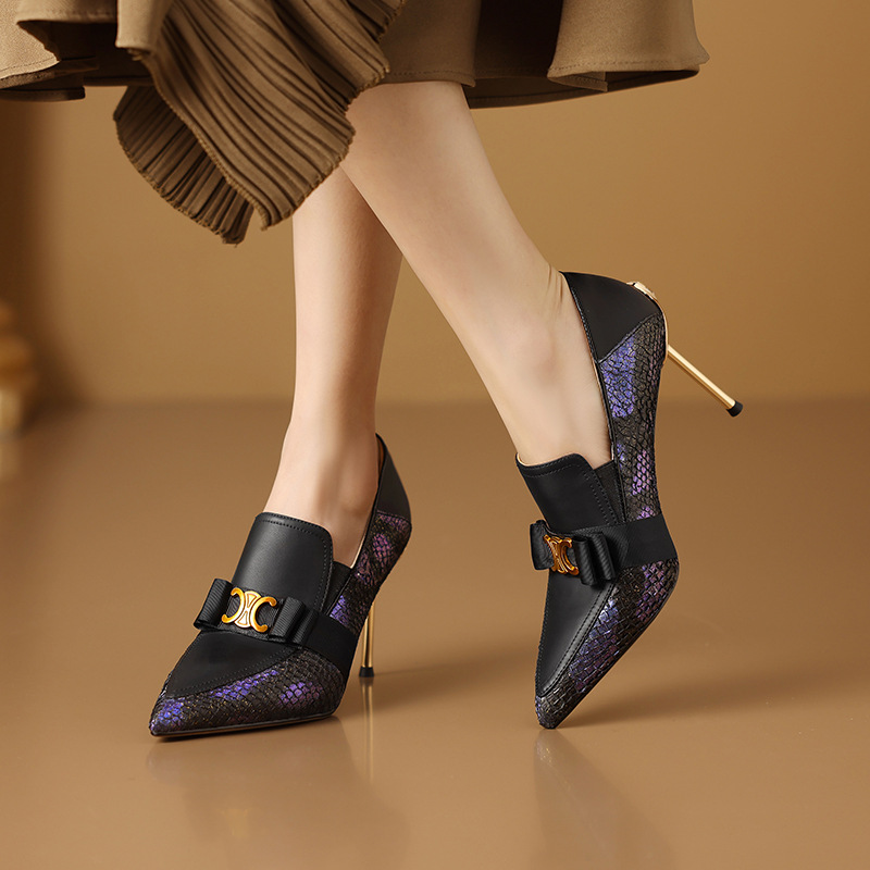 性感女神高跟鞋女鞋尖头细跟高跟鞋鱼皮名媛辣妈正装宴会裸靴单鞋