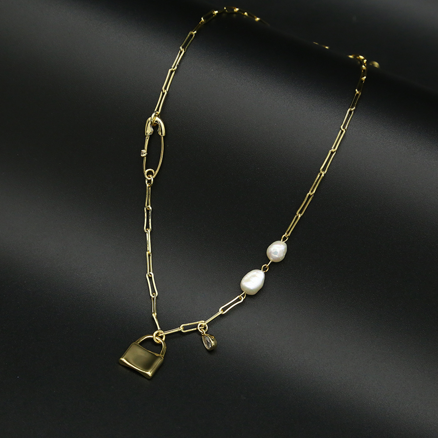 亚马逊珍珠小锁曲别针项链女几何真金保色光身小链条竹节链双链