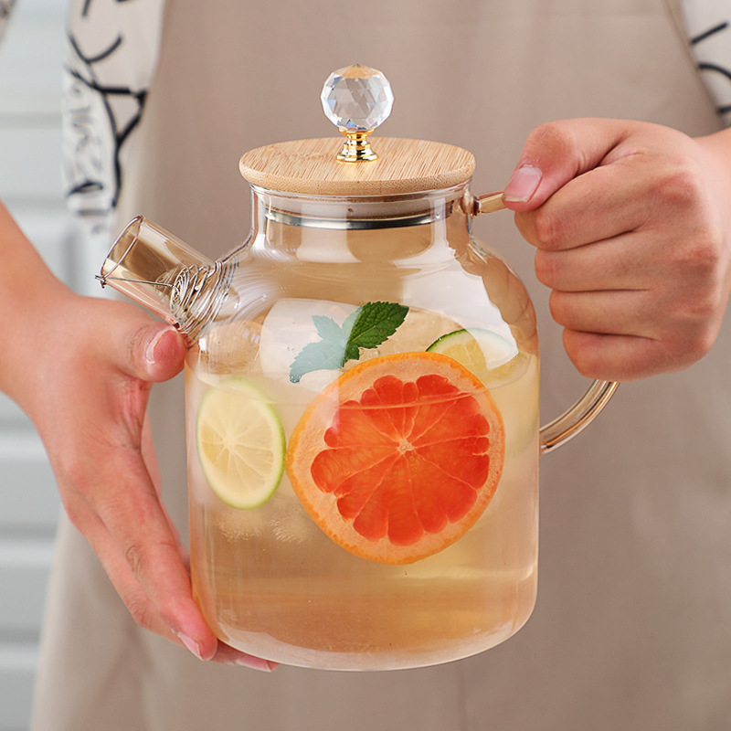 冷水壶玻璃凉水壶冰箱大容量玻璃珠竹盖家用北欧果汁饮料两用茶壶