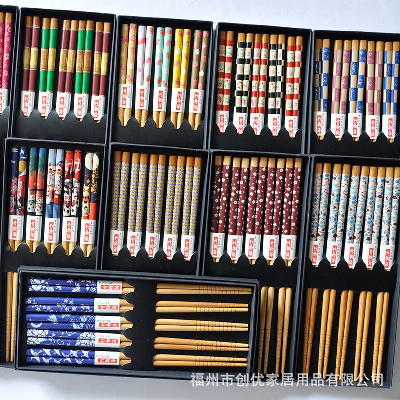 日式热转印碳化竹筷家用防滑一人一筷高档日本筷子礼盒送礼五双装