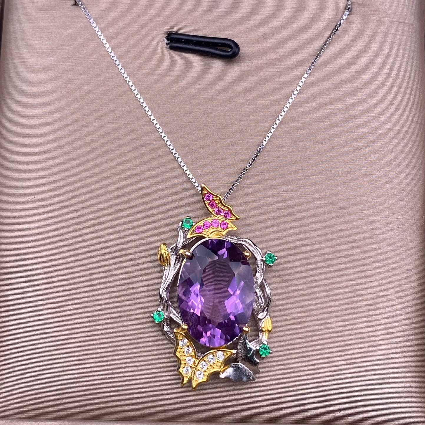 紫水晶吊坠s925银镶嵌意工双金色个性彩宝水晶银饰挂件大气锁骨链