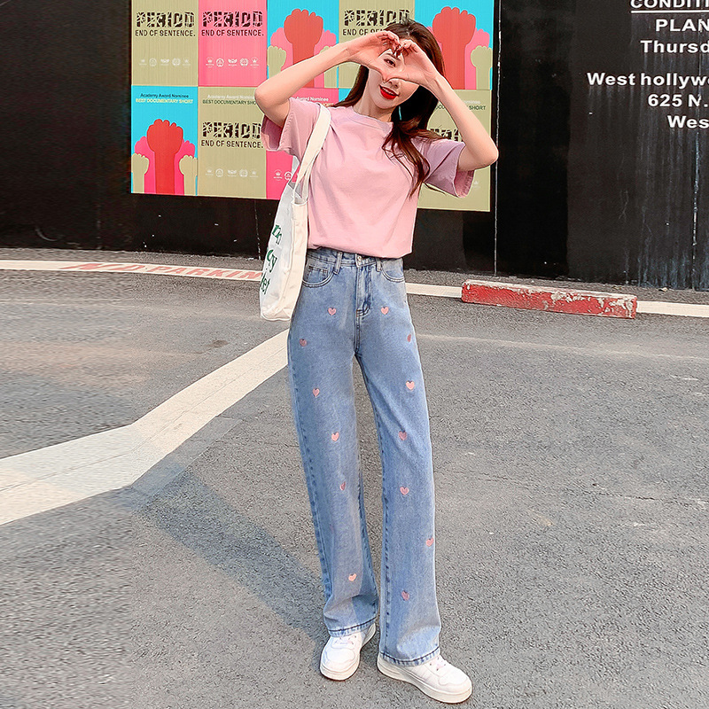 Retro Washed Love Jeans Women 2023 Spring/Summer Loose Personality Design Wide Leg Pants High Waist Slimming Straight Pants