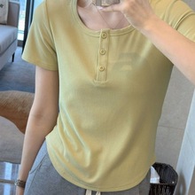纯色韩系圆领开抽短袖上衣女2024夏季新款韩版体恤气质显瘦打底衫