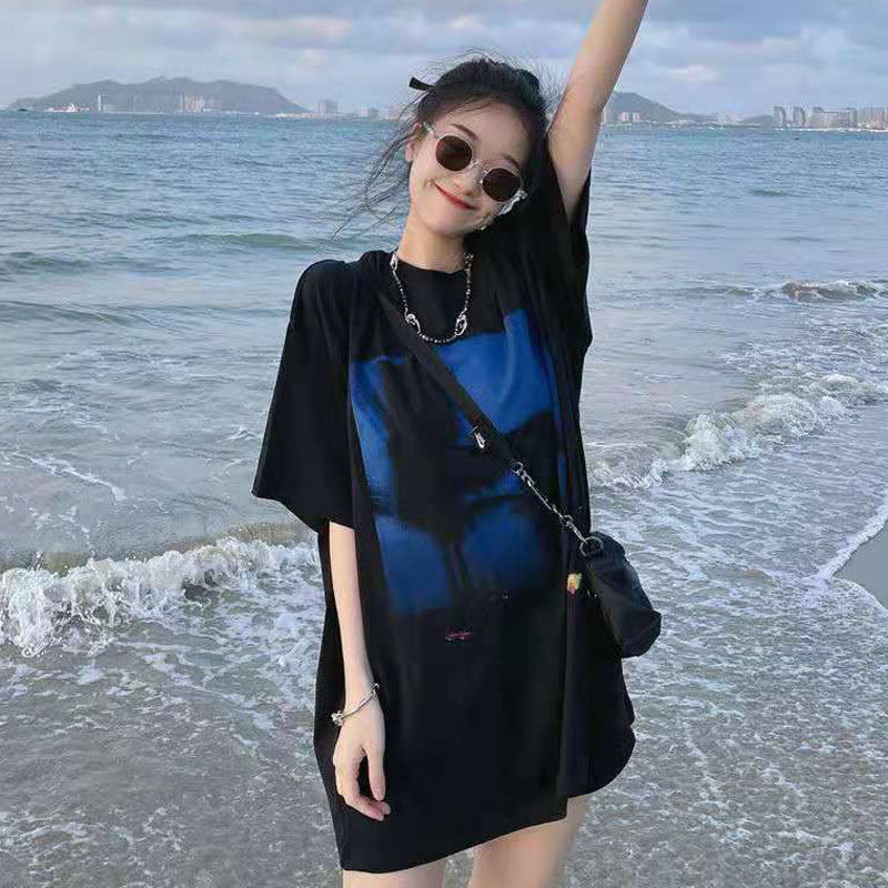 纯棉大码夏季潮酷黑色短袖t恤女2021年新款宽松正肩半袖国潮上衣