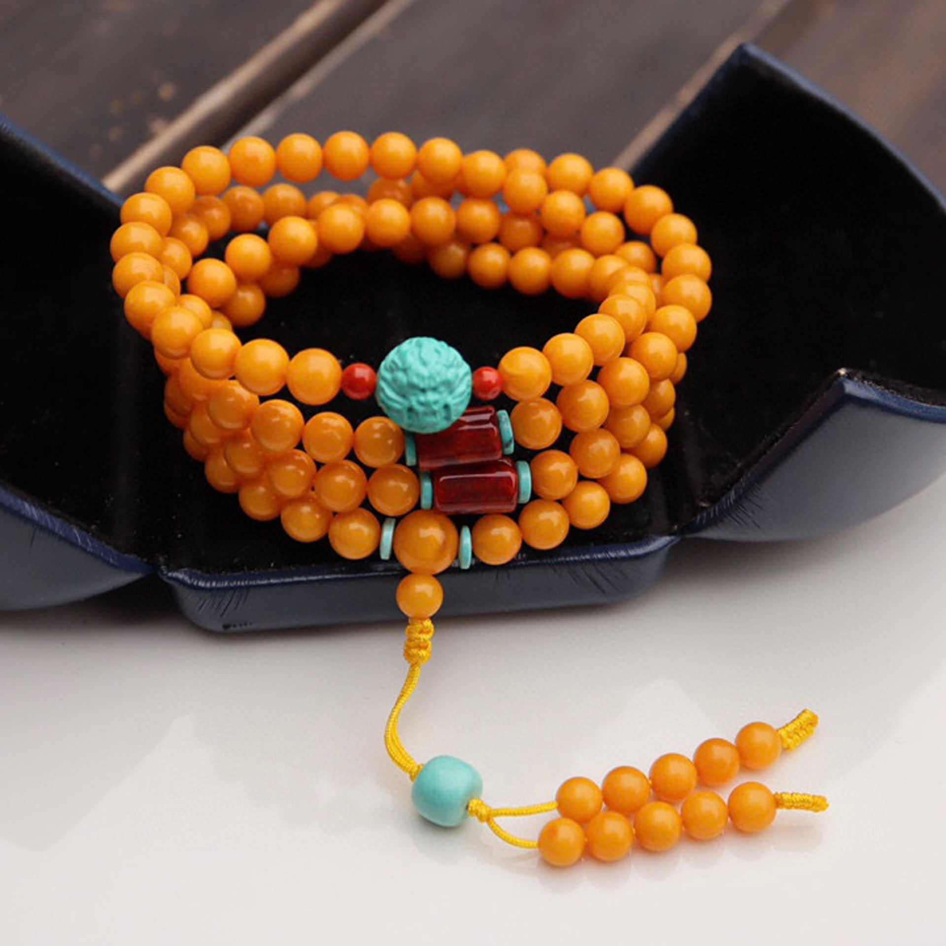 原创天然老蜜蜡多圈手链6mm108佛珠手串满蜜无杂裂diy琥珀手链