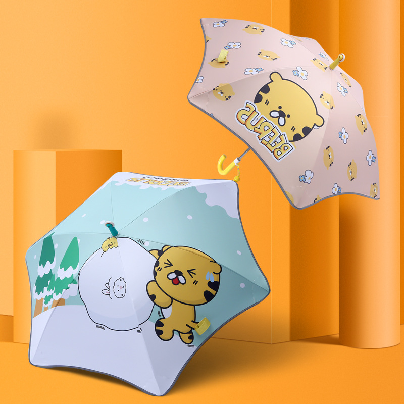 Children‘s Cartoon Rounded Corner Vinyl Sun Protective Children‘s Umbrella Sunny and Rainy Long Umbrella Curved Handle Manual Light Fiber Straight Umbrella Manufacturer