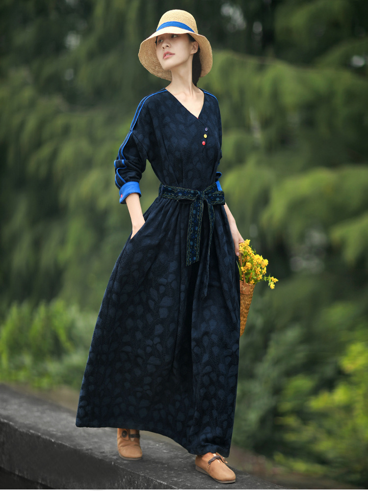 2021秋冬新款女装民族风亚麻连衣裙高档优雅气质显瘦长裙210930