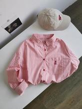 2-300斤加大码夏季韩系设计感口袋polo领粉红竖条纹长袖衬衫男女