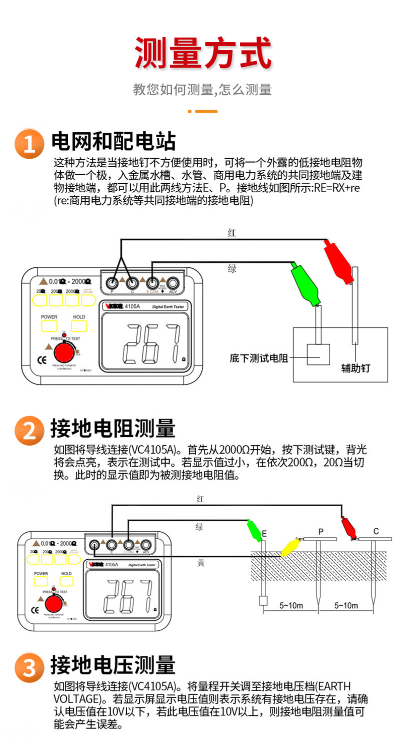胜利接地电阻测试仪vc4105a/b土壤测量4106数显电子摇表防雷检测