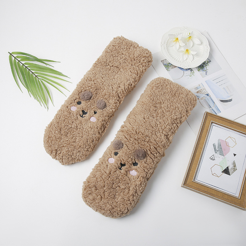 Three-Dimensional Bear Smiley Face Floor Socks Thickened Fleece-Lined Warm Home Sleep Socks Sole Dispensing Slippers Plush