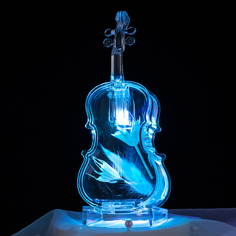 创意干花入油发光小提琴小夜灯星星灯油滴笔插液体流沙细闪摆件厂