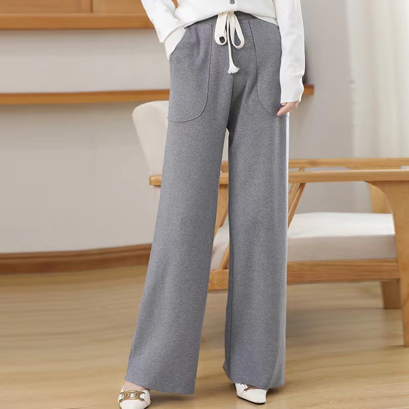 Autumn and Winter New Women's Knit Trousers 2023 Korean Style Elastic Waistband Color Casual Pants outside Wide Mop Straight Pants