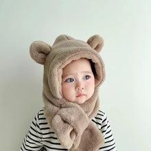 宝宝帽子围巾套装秋冬简约小熊耳朵连体帽小童婴儿毛绒护耳一体帽