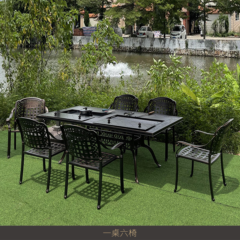 Outdoor Desk-Chair Cast Aluminum Barbecue Table Courtyard Garden Outdoor Iron Household Electric Smokeless Oven Dining Table Combination Furniture