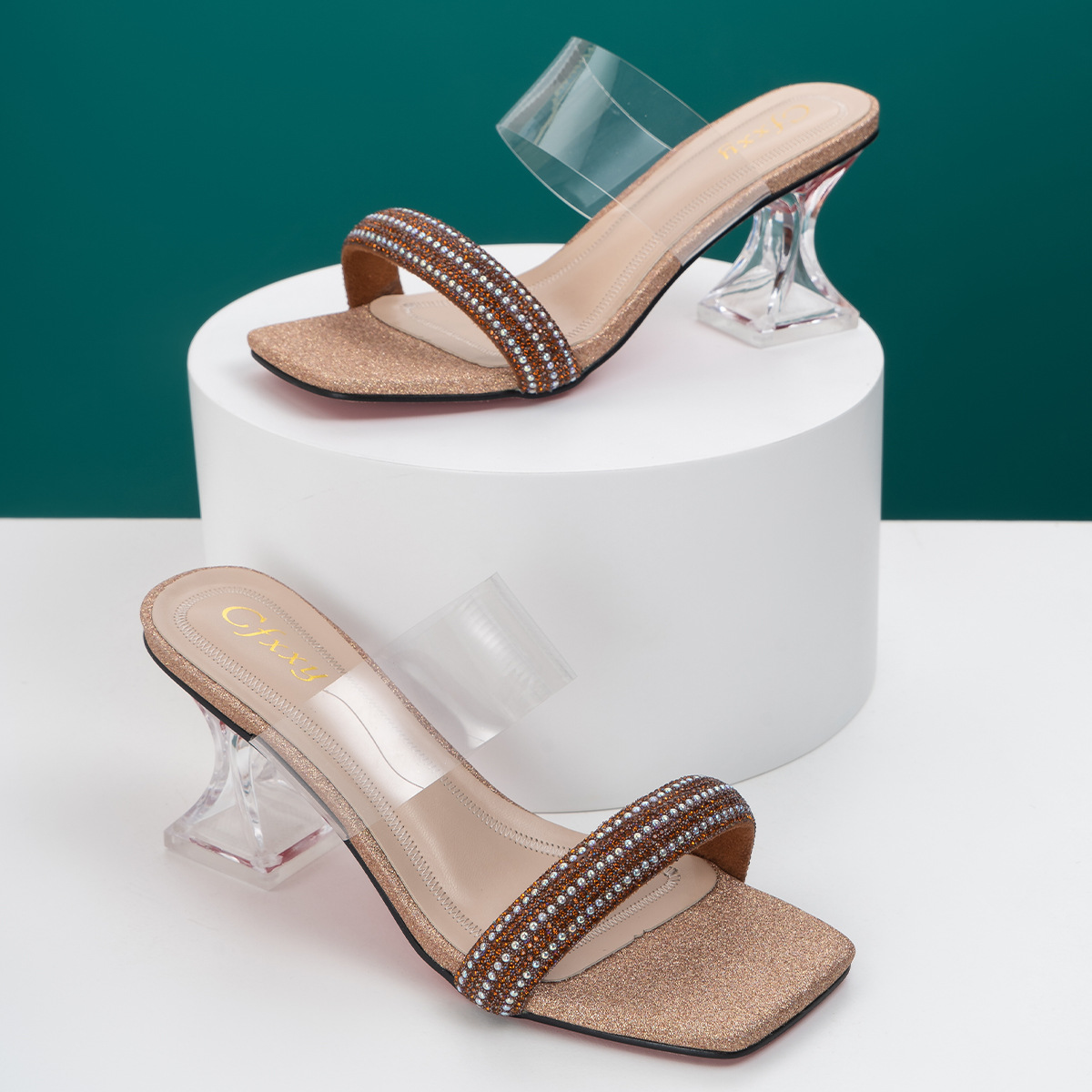 high heel shoes水晶高跟凉拖鞋女 夏季透明时尚复古外穿粗跟凉鞋