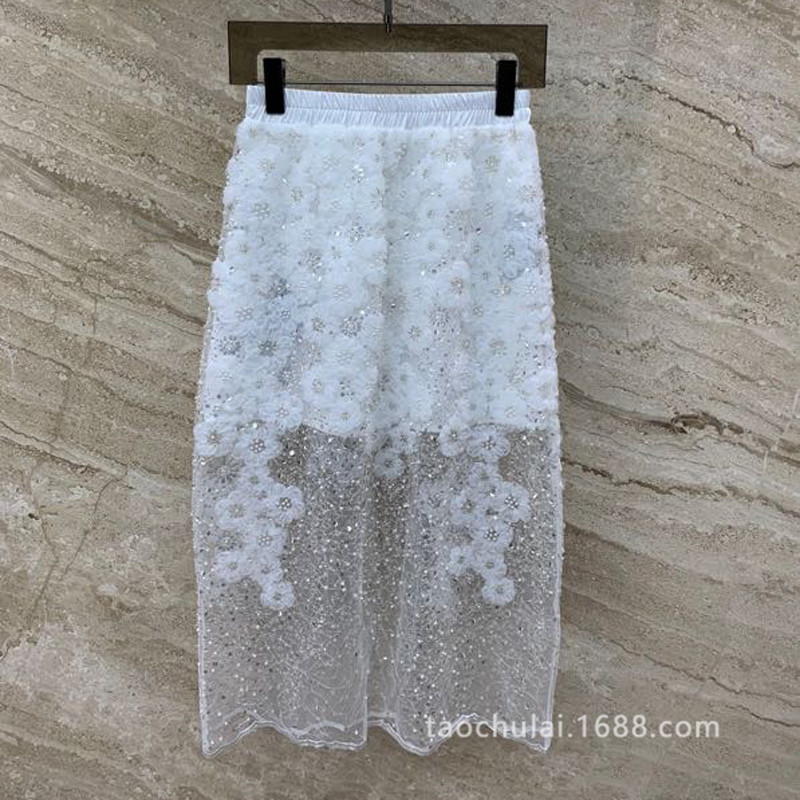 重工珠片刺绣花朵半身裙仙气少女甜美度假松紧花纱长