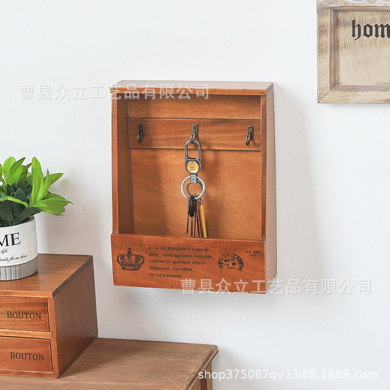 Wooden Key Storage Box Entrance Entrance Wall Hanging Desktop Wall-Mounted Storage Rack Hook Living Room Organizing Storage Rack