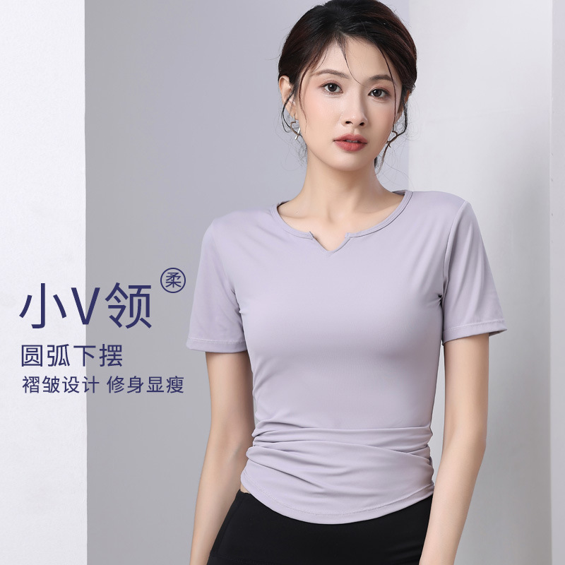 瑜伽服女跑步训练专业速干大码运动健身褶皱短袖上衣2024夏季新款