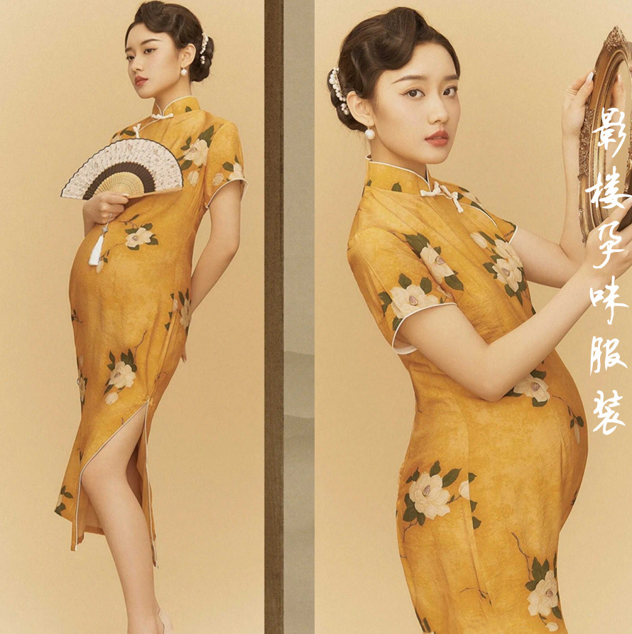 孕妇拍照写真服装印花旗袍孕妇摄影礼服中国风古装影楼孕妇照服装
