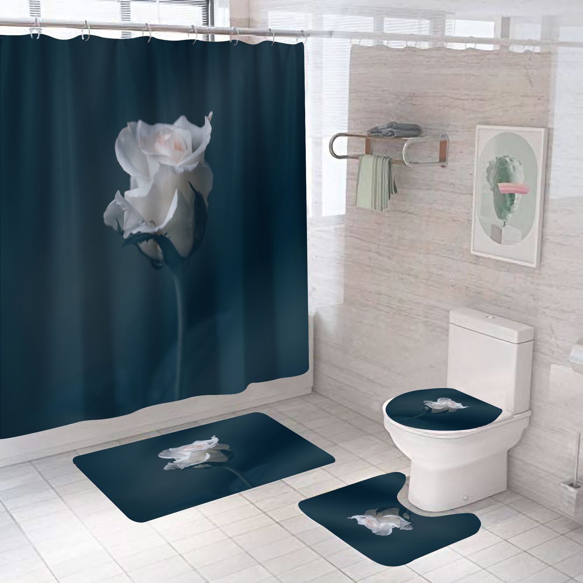 卫生间浴帘布浴帘套装免打孔防水防霉帘子浴室挂帘隔断帘浴罩加厚