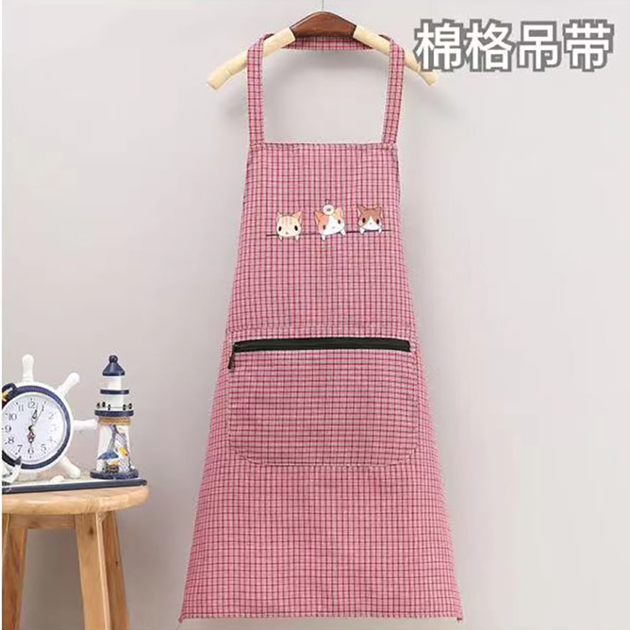 挂脖三只猫围裙棉布围腰格子无袖围裙厨房家务清洁拉链男女通用工
