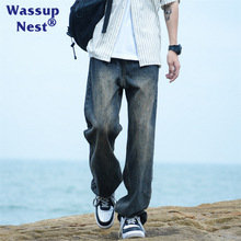 WASSUP NEST港风做旧高街直筒加绒牛仔裤男士宽松潮流阔腿休闲裤