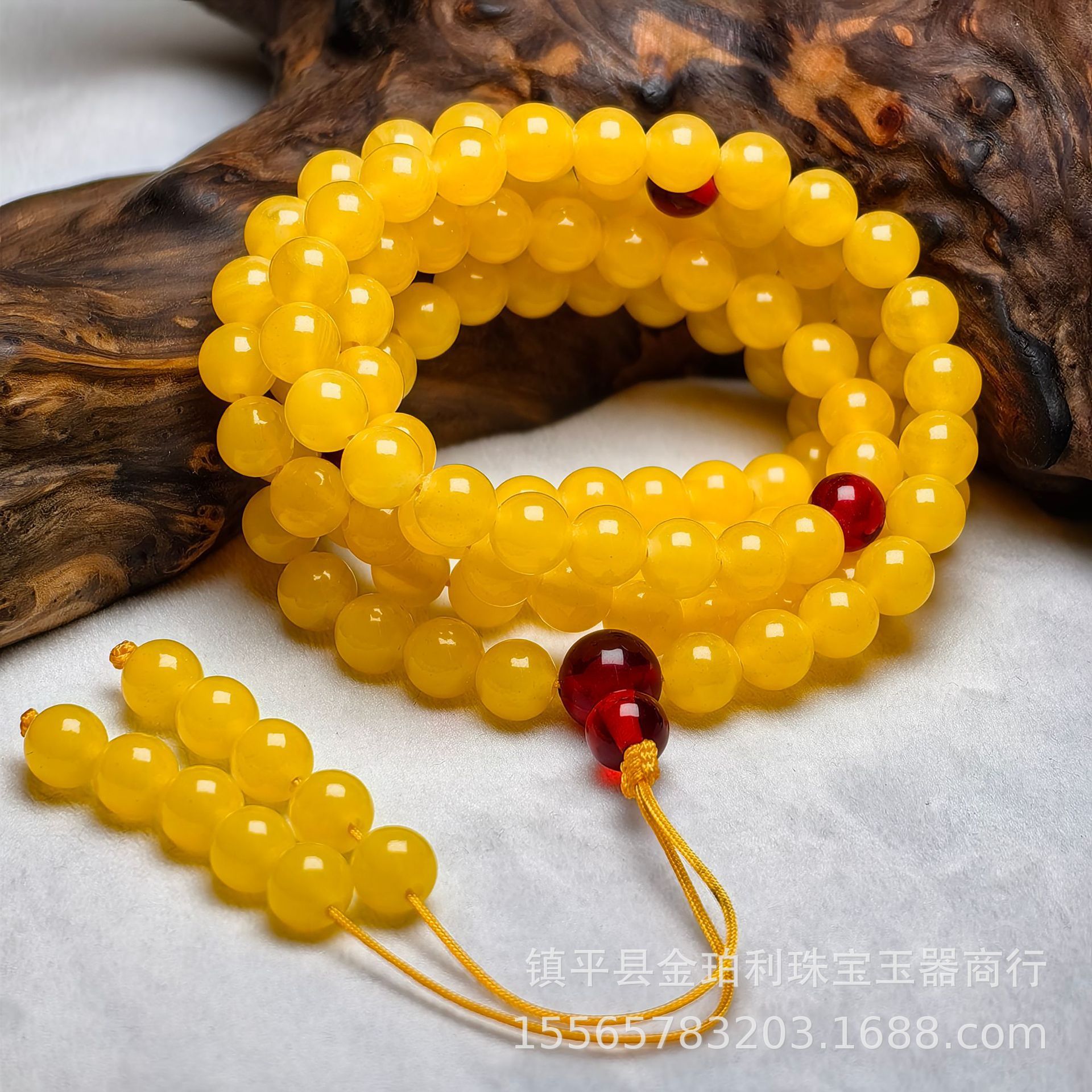 网红直播供货鸡油黄老蜜蜡琥珀108颗佛珠多圈手串链男女通用批发-阿里