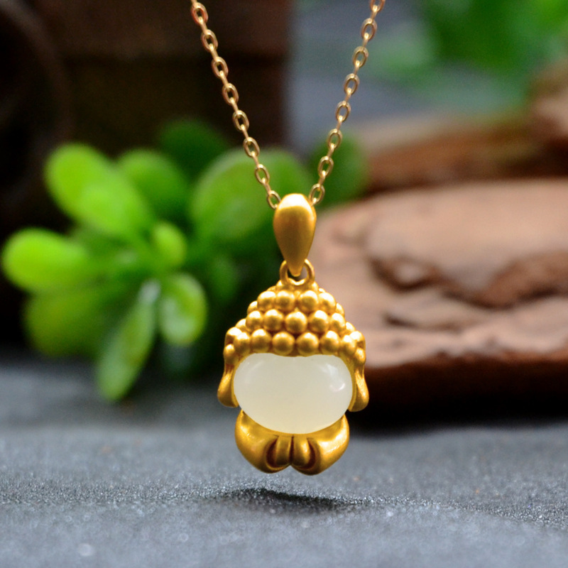 s925银镶嵌和田玉无相佛萌佛项链古法金吊坠直播微商摆摊爆款货源