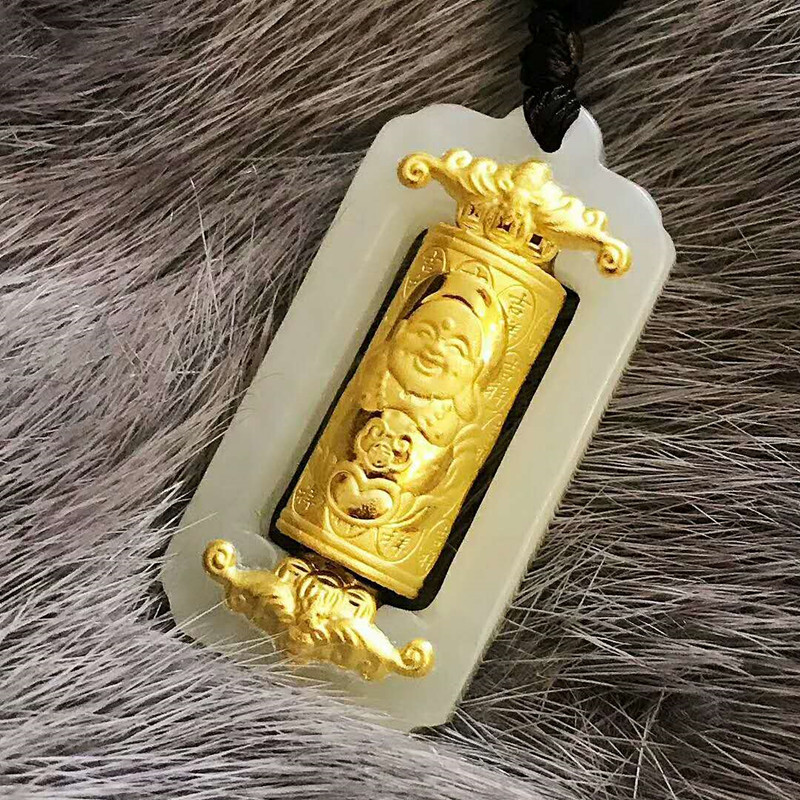 金镶玉吊坠 4d和田玉镶金足金转运筒 金店公司活动礼品批发转运桶