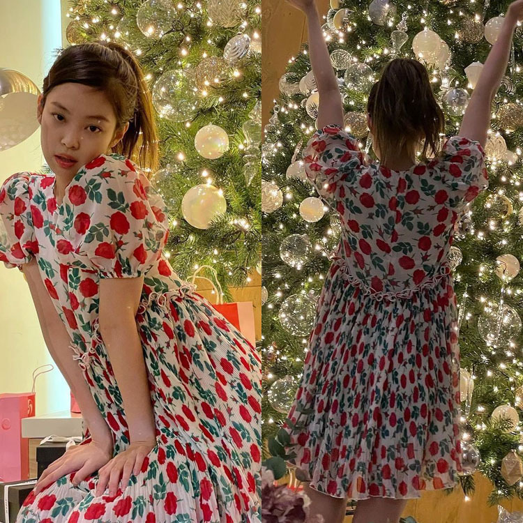 2021春夏新款jennie金智妮明星同款红色花朵连衣裙小新清蓬蓬裙女