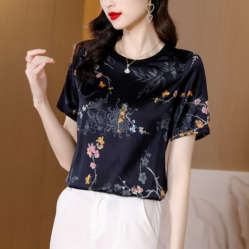 2022年夏季新款重磅缎面真丝t恤女装短袖气质印花黑色桑蚕丝上衣