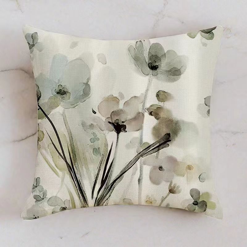 Cross-Border New Arrival Modern Simple Ink Painting Flower Linen Holding Head Cover Plant Office Sofas Cushion Pillow Cover