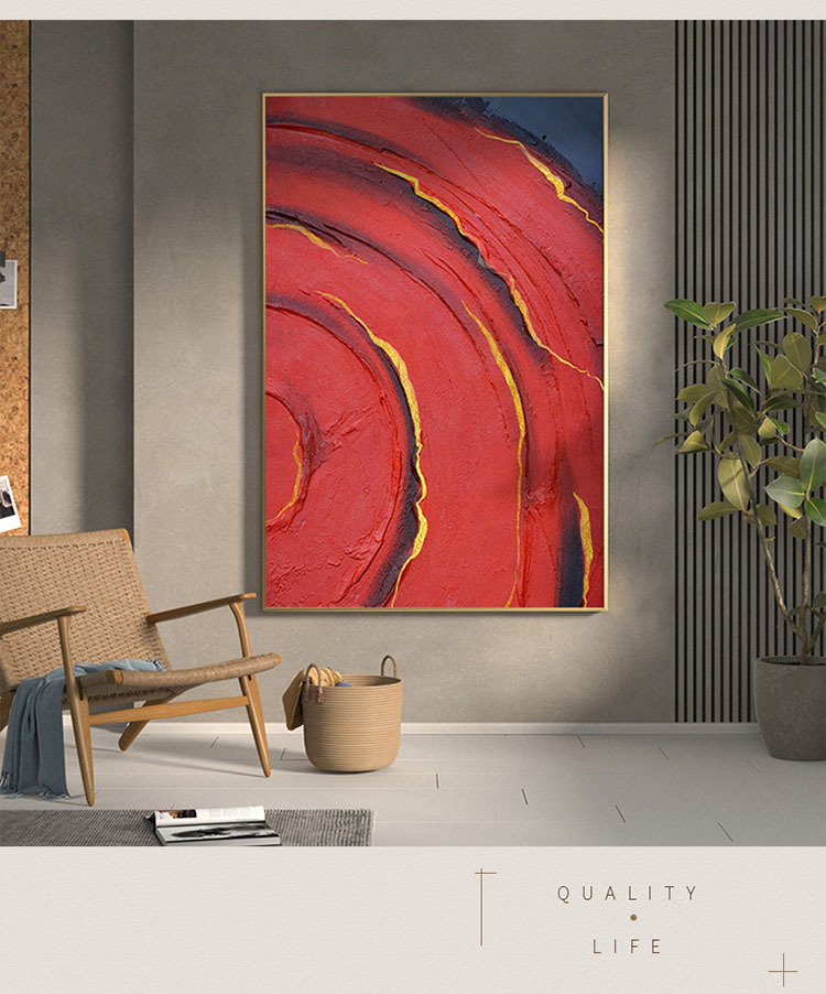 现代轻奢客厅玄关装饰画红色油画肌理背景墙壁走廊过道竖版大挂画