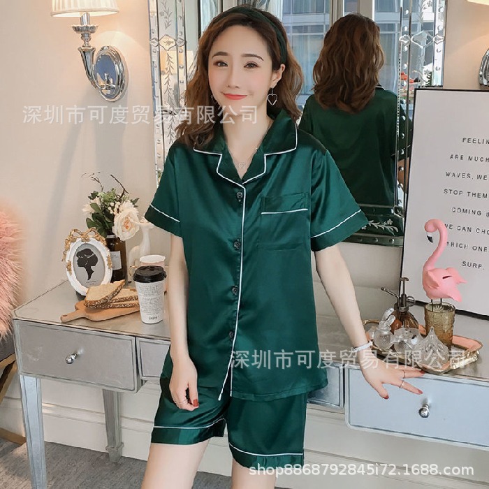 Tiktok Cross-Border Hot Summer Short Sleeve Ice Silk Solid Color Pajamas Women's Loose Artificial Silk Homewear Wholesale