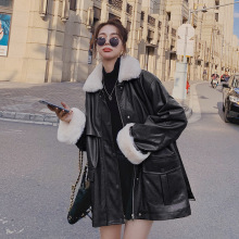 实拍2023黑色皮衣外套女冬季韩系加绒加厚棉袄款设计感派克棉服潮