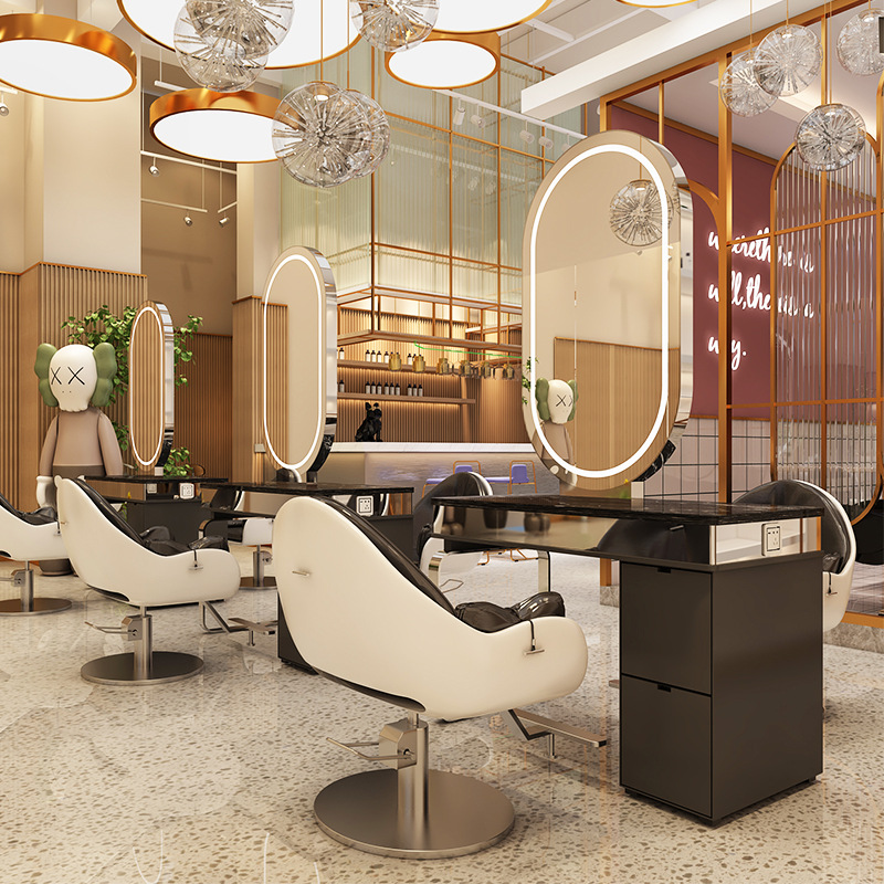 不锈钢大理石镜子烫染桌美发店理发店柜子一体发廊用美容院黑镜台