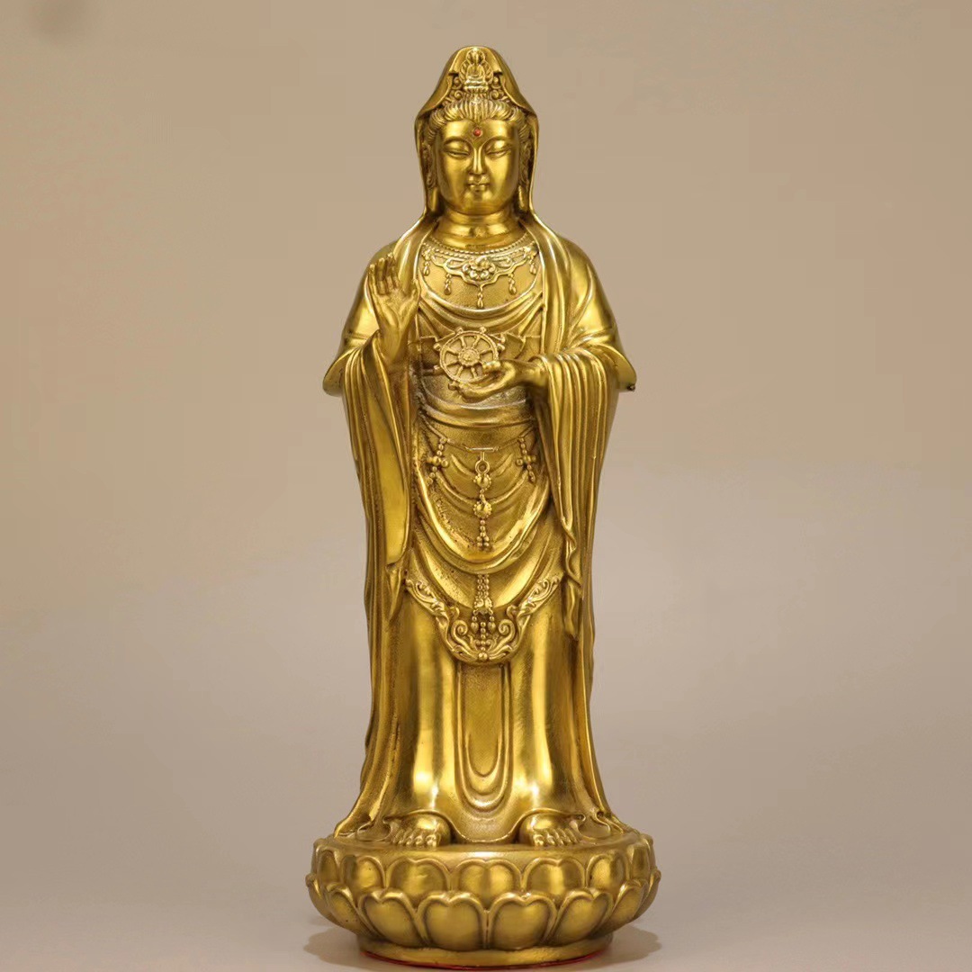 全铜普陀山南海观音佛像摆件大号手持法轮观世音菩萨站像客厅家用