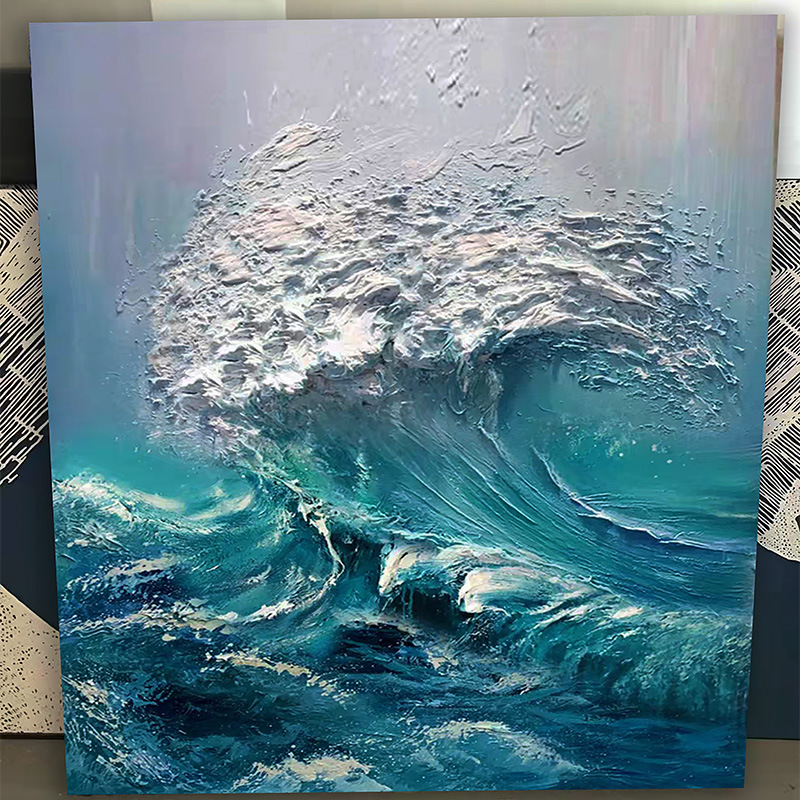 手绘油画入户玄关走廊挂画抽象大副轻奢现代蓝色海浪厚肌理装饰画