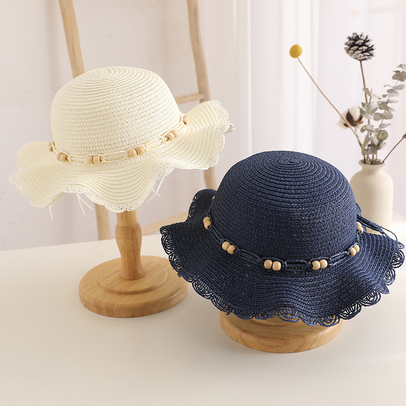 Summer Sun Protection Big Brim Beach Hat Bucket Hat Korean Children Wooden Buckle Bow Sunhat Little Girls' Straw Hat