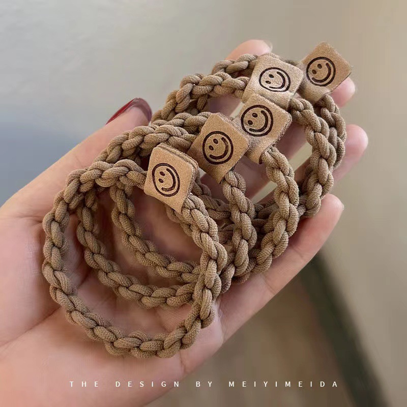 Autumn and Winter Twist Hair Rope Milk Coffee Color Headband Smiley Face Leather Tag Hair Band Simple Tie-up Hair Rubber Band High Elastic Hair Accessories