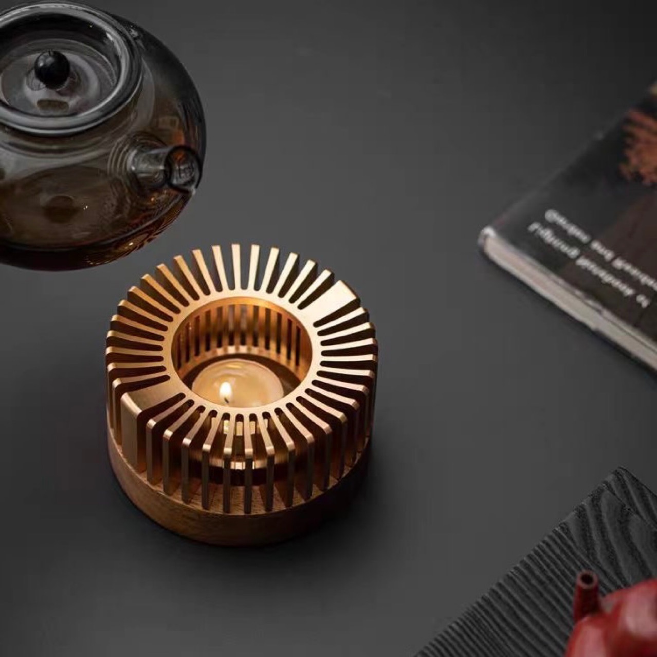 胡桃木底座台蜡烛加热暖茶炉金属烛台烤茶提香烘茶茶茶盘器具