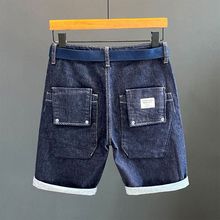 深蓝色工装牛仔短裤男夏季薄款弹力潮牌设计感大口袋潮流五分裤子