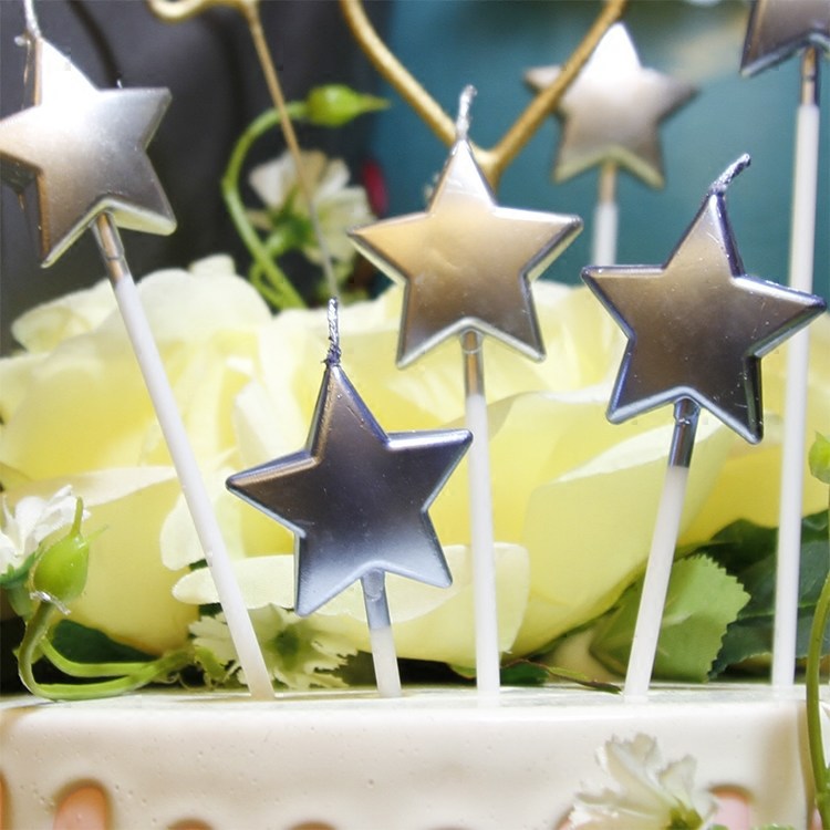 新金银粉蓝色花生日蜡烛长杆金色五角星仙女爱心蛋糕浪漫装饰棒