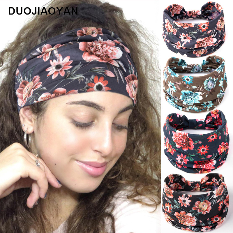 欧美新款时尚印花束发带宽边弹力花朵头巾吸汗运动发带女跨境发饰