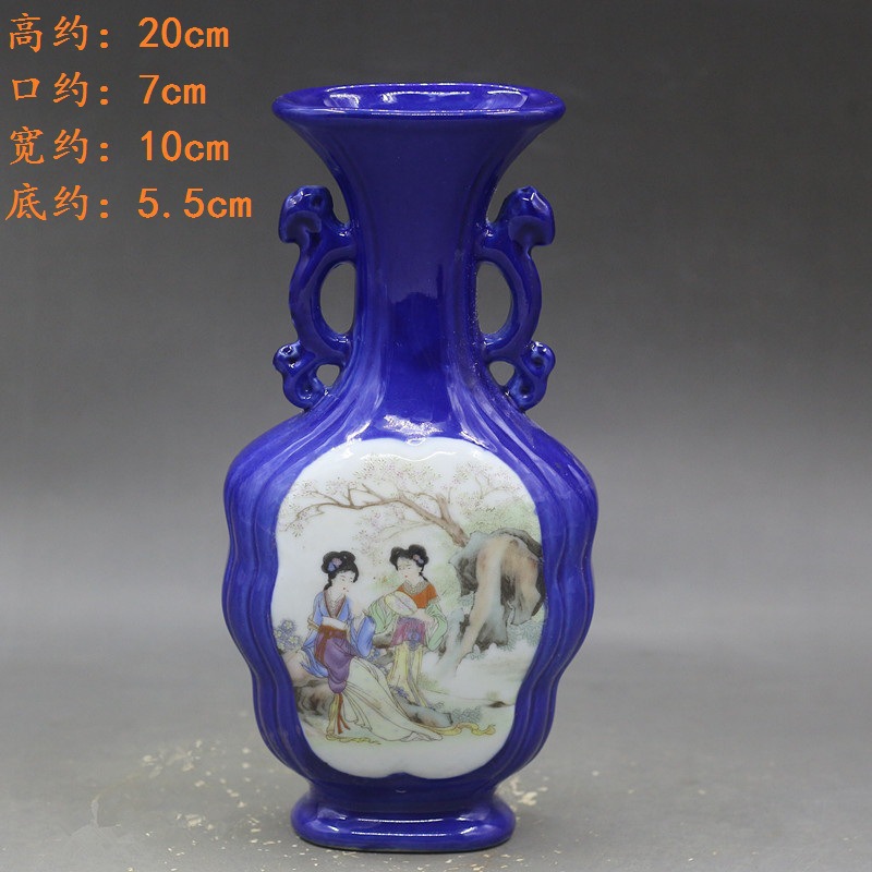 民国希平庐霁蓝釉开窗西厢记扁双耳瓶仿古瓷古董古玩收藏家居摆件