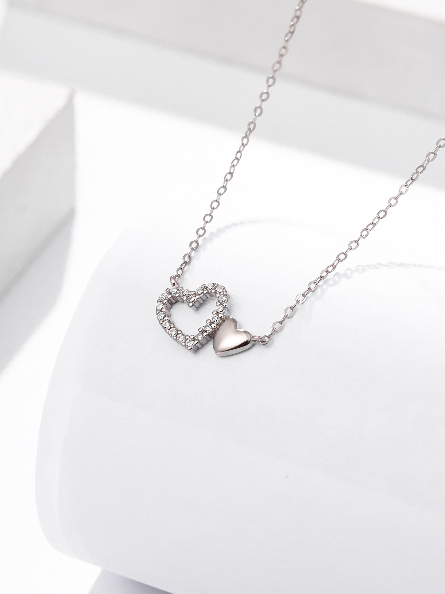 铜电镀18k金项链女轻奢钻石吊坠双爱心项链情人节生日礼物送女友