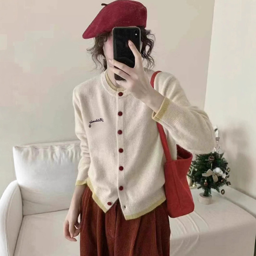 韩系气质拼接假两件针织开衫女2025新款软萌字母刺绣别致毛衣外套