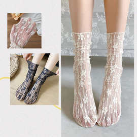春夏蕾丝花朵网纱袜女童清新提花网眼袜日系jk韩ins堆堆袜夏薄款