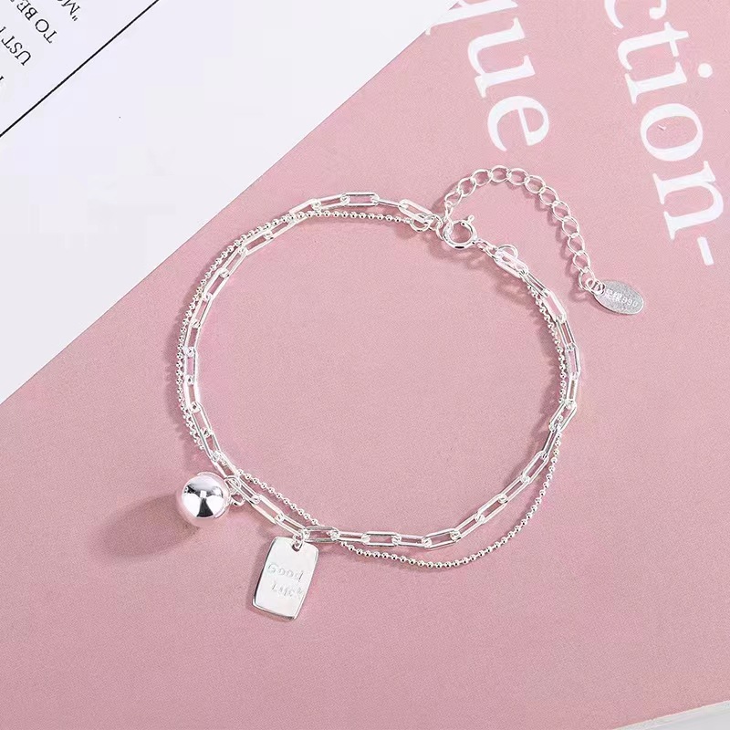 Pure Silver 990luck Stitching Double-Layer Bracelet Female Girlfriends Fashion Japanese and Korean Ins Style Girl Simple Design mori Style